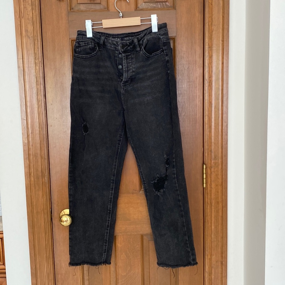 High waisted straight leg black jeans with rip detailing